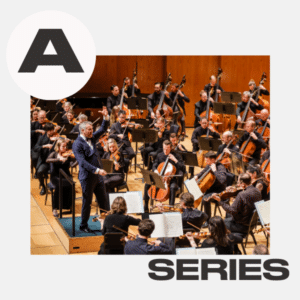 A symphony orchestra performs on stage with a conductor leading musicians playing string and brass instruments; large A and the word SERIES are overlaid in bold text.