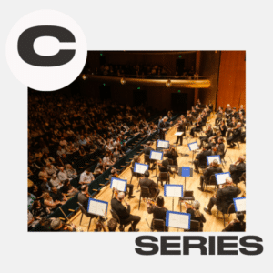 A conductor leads an orchestra performing on stage in front of a full audience, with the word SERIES and a large letter C in the top left corner.