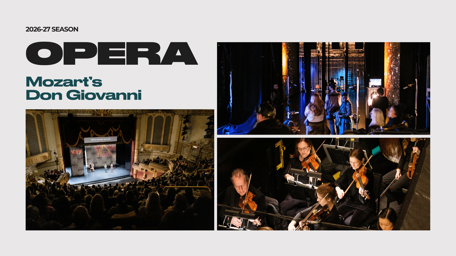 A promotional graphic for the 2026–27 opera season features Mozarts Don Giovanni with photos of a theater audience, stage performers, backstage crew, and an orchestra in the pit.