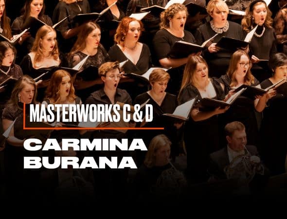 Choral performers in black attire sing passionately while holding sheet music. Text overlay reads Masterworks C & D Carmina Burana.