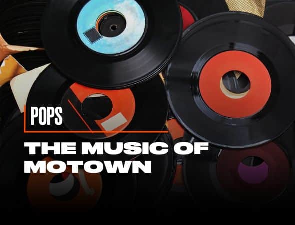 A collection of vinyl records stacked together. The text POPS and THE MUSIC OF MOTOWN is prominently displayed on the image.