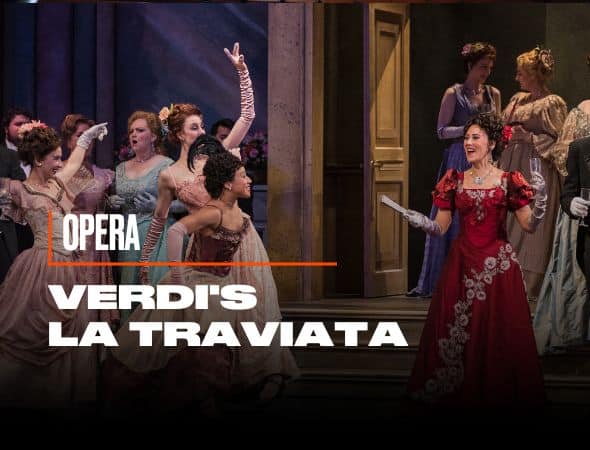 A group of performers on stage in elegant 19th-century costumes. A woman in a red dress sings passionately in the foreground. Text overlay reads Opera Verdis La Traviata.
