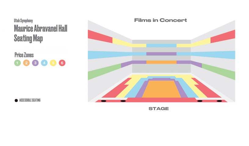 Seating map of Maurice Abravanel Hall for Films in Concert, showing color-coded price zones (1–6) in a rectangular auditorium facing a labeled stage, with accessible seating indicated near the front.