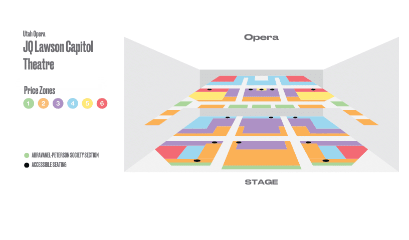 Seating chart for Utah Operas JQ Lawson Capitol Theatre, showing colored sections by price zones (1–6), with accessible seating and Abraham-LePeterson Society sections marked; stage at the bottom, audience at top.