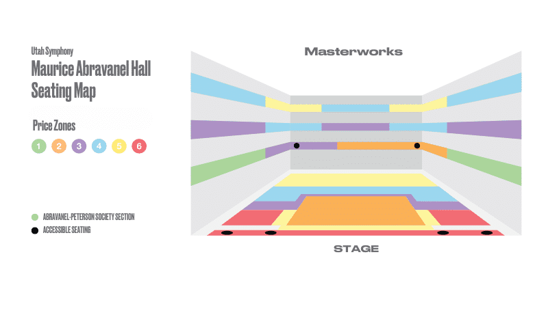 A color-coded seating map of Maurice Abravanel Hall with six price zones, labeled 1 to 6. Accessible seating and Abramyan-Peterson Society sections are marked near the stage. The stage is at the front center.