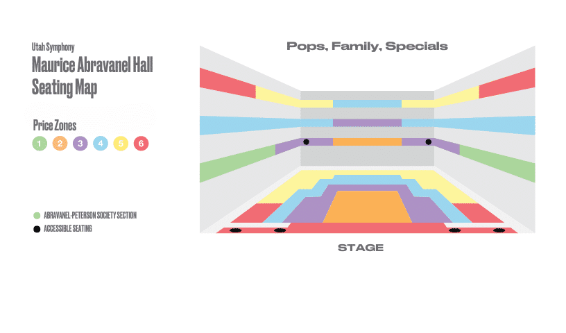 3D seating map of Maurice Abravanel Hall showing colored price zones 1–6 in various tiers around a central stage. Accessible seating and special sections are marked with icons.