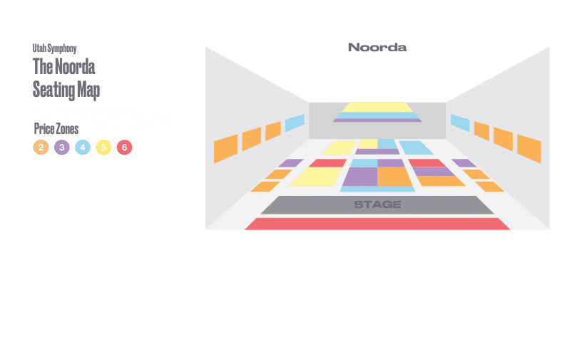 Seating map of The Noorda theater shows the stage at the bottom, with color-coded seating sections numbered 1 to 6, representing different price zones in a geometric, 3D layout.