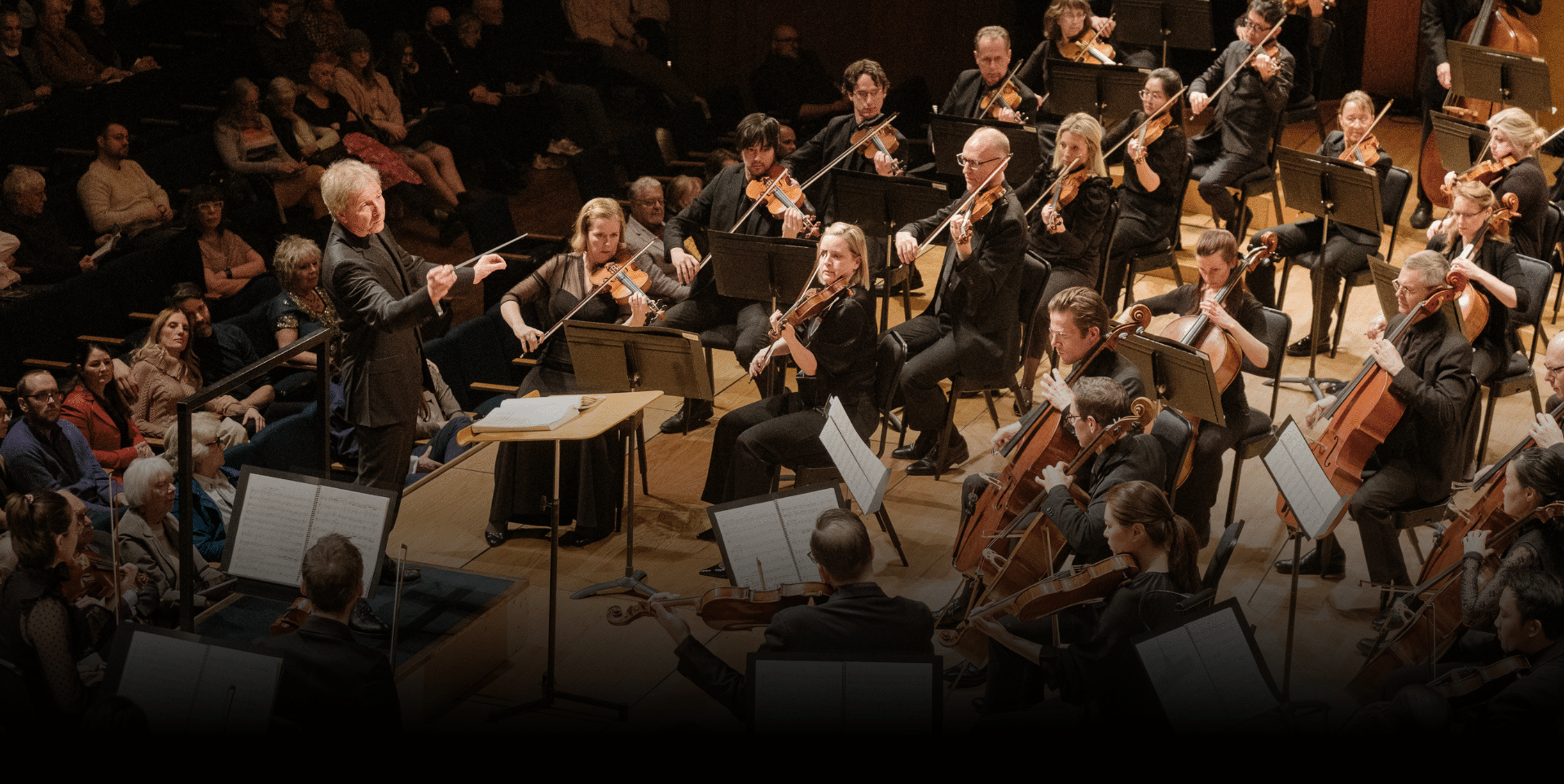 A symphony orchestra performs on stage, with a conductor leading musicians playing string instruments. The audience sits in the background, attentively watching the performance in a concert hall.