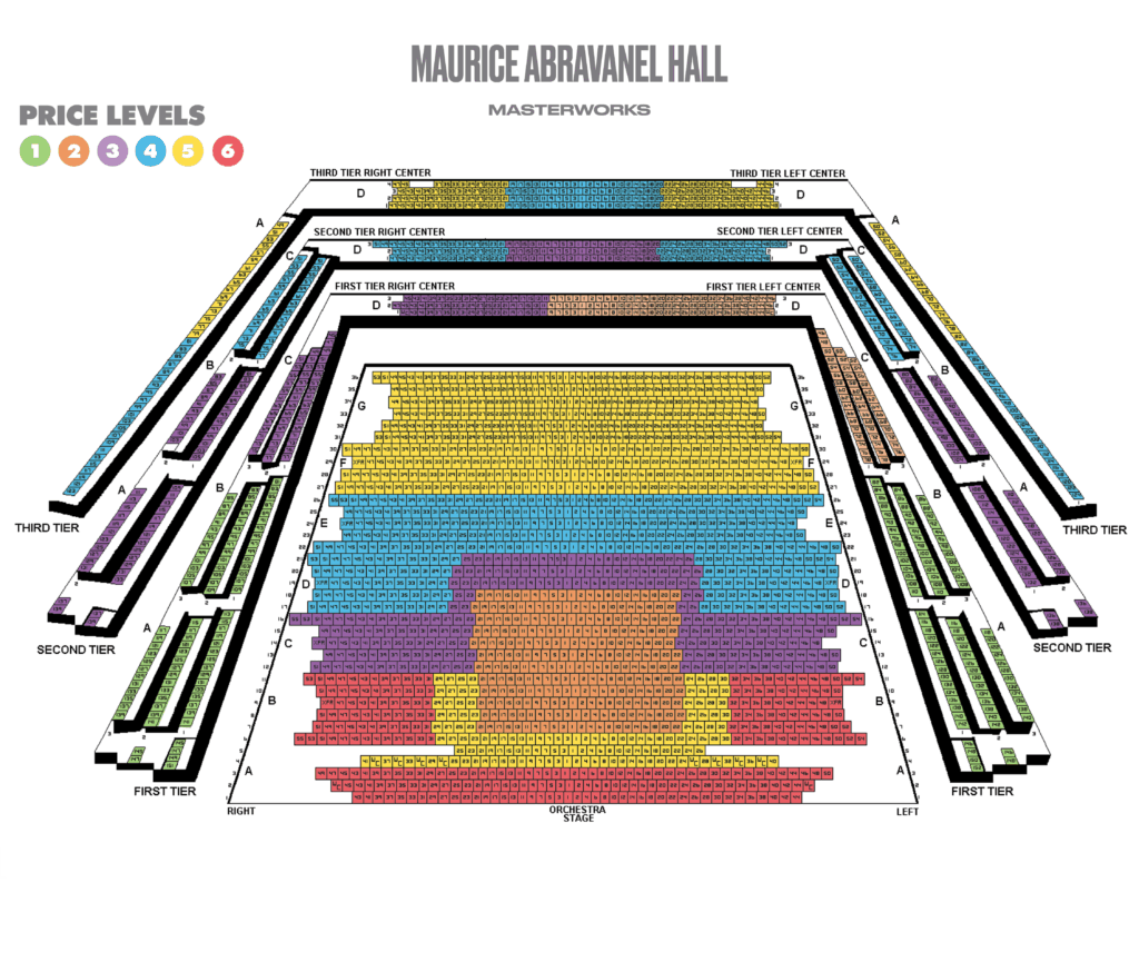 Seating chart for Maurice Abravanel Hall, showing five sections: first, second, and third tiers, with color-coded price levels from 1 to 6. Each section is labeled and seats are arranged in blocks.