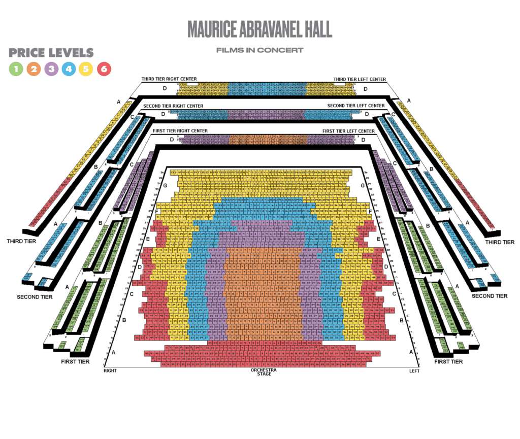 Seating chart for Maurice Abravanel Hall showing six color-coded price levels across orchestra, first tier, second tier, and third tier sections, labeled for left, right, and center areas.