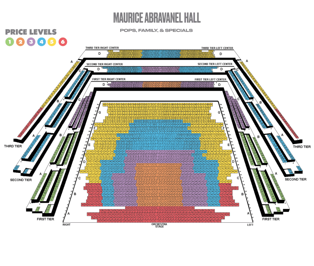 Seating chart for Maurice Abravanel Hall showing different ticket price levels with color-coded sections on the first tier, second tier, and third tier, labeled for right, left, and center areas.