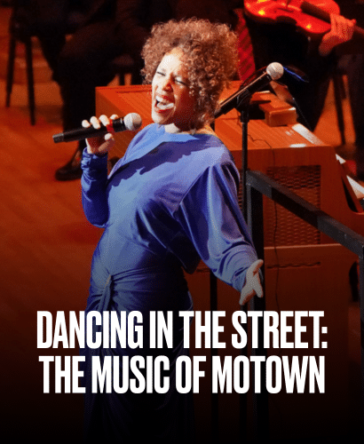 A woman in a blue dress passionately sings on stage with a microphone, accompanied by musicians. Overlaid text reads, Dancing in the Street: The Music of Motown.