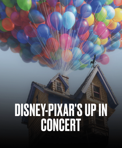 A house lifted by colorful balloons floats in the sky, with the text Disney-Pixars Up In Concert overlaid at the bottom.
