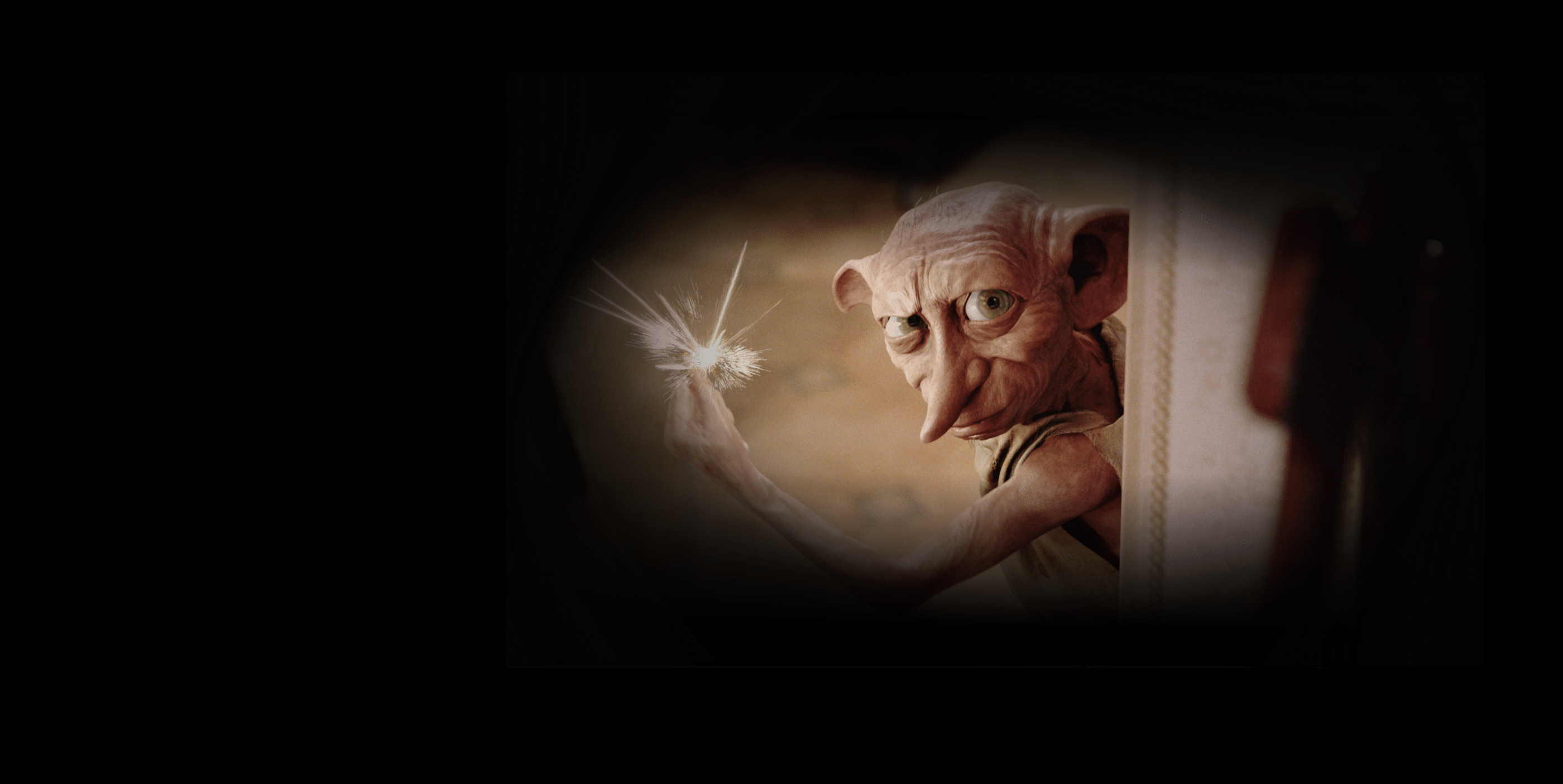 A house-elf with large green eyes and pointed ears holds up a sparkling, glowing object while peeking around a corner, set against a dark background.