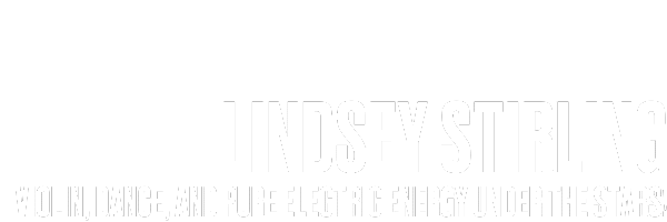 Black background with large white text that reads Lindsey Stirling and smaller text below that says Violin, dance, and pure electric energy under the stars.
