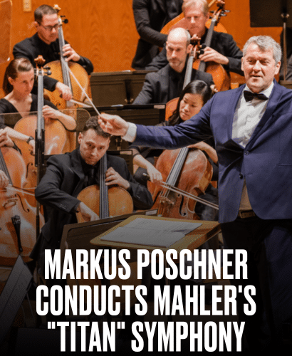 A conductor leads an orchestra during a performance, raising his baton. Musicians behind him play string instruments. Text overlay reads, “Markus Poschner Conducts Mahlers Titan Symphony.”.