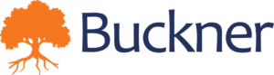 The Buckner logo features an orange tree with visible roots to the left of the word Buckner written in dark blue, bold, modern font on a light background.