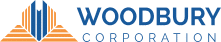 Logo for Woodbury Corporation featuring an abstract graphic of a blue skyscraper with orange triangular shapes on both sides, and the words WOODBURY CORPORATION in blue capital letters to the right of the graphic.