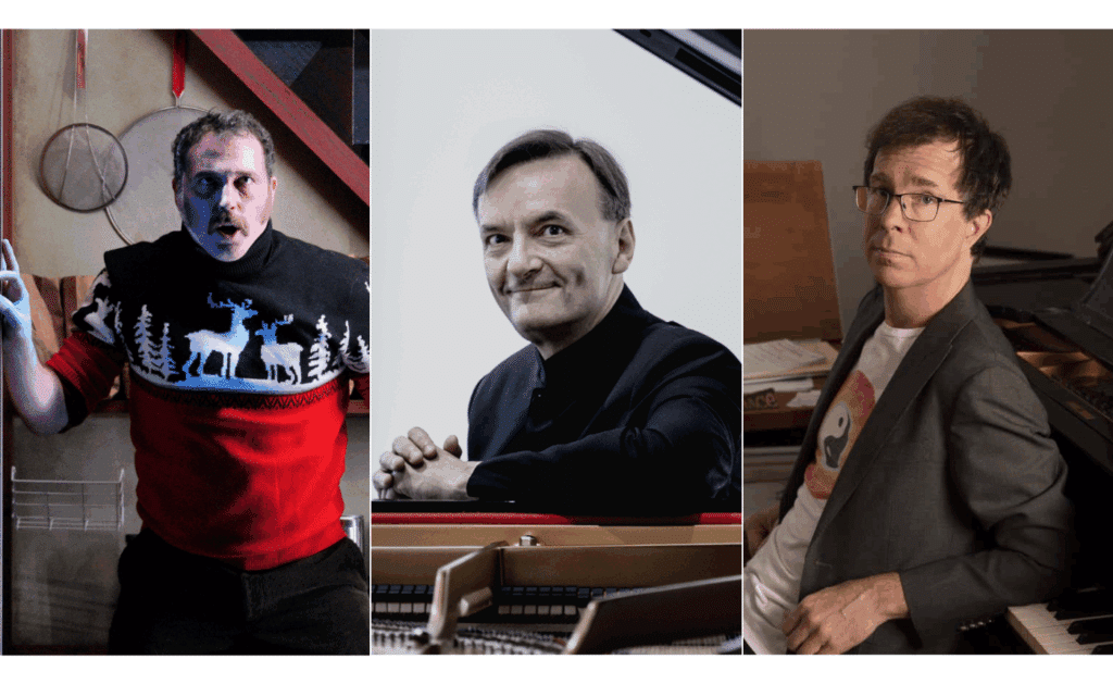 A three-panel image: left, a man in a Christmas sweater poses dramatically; center, a man in black sits at a piano, smiling; right, a man in glasses and a t-shirt sits beside a grand piano, looking at the camera.
