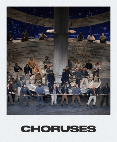 A large group of people in period costumes stand on a dramatic, ship-themed stage set under dim lighting, with some holding a thick rope. The word CHORUSES appears in bold text below the image.