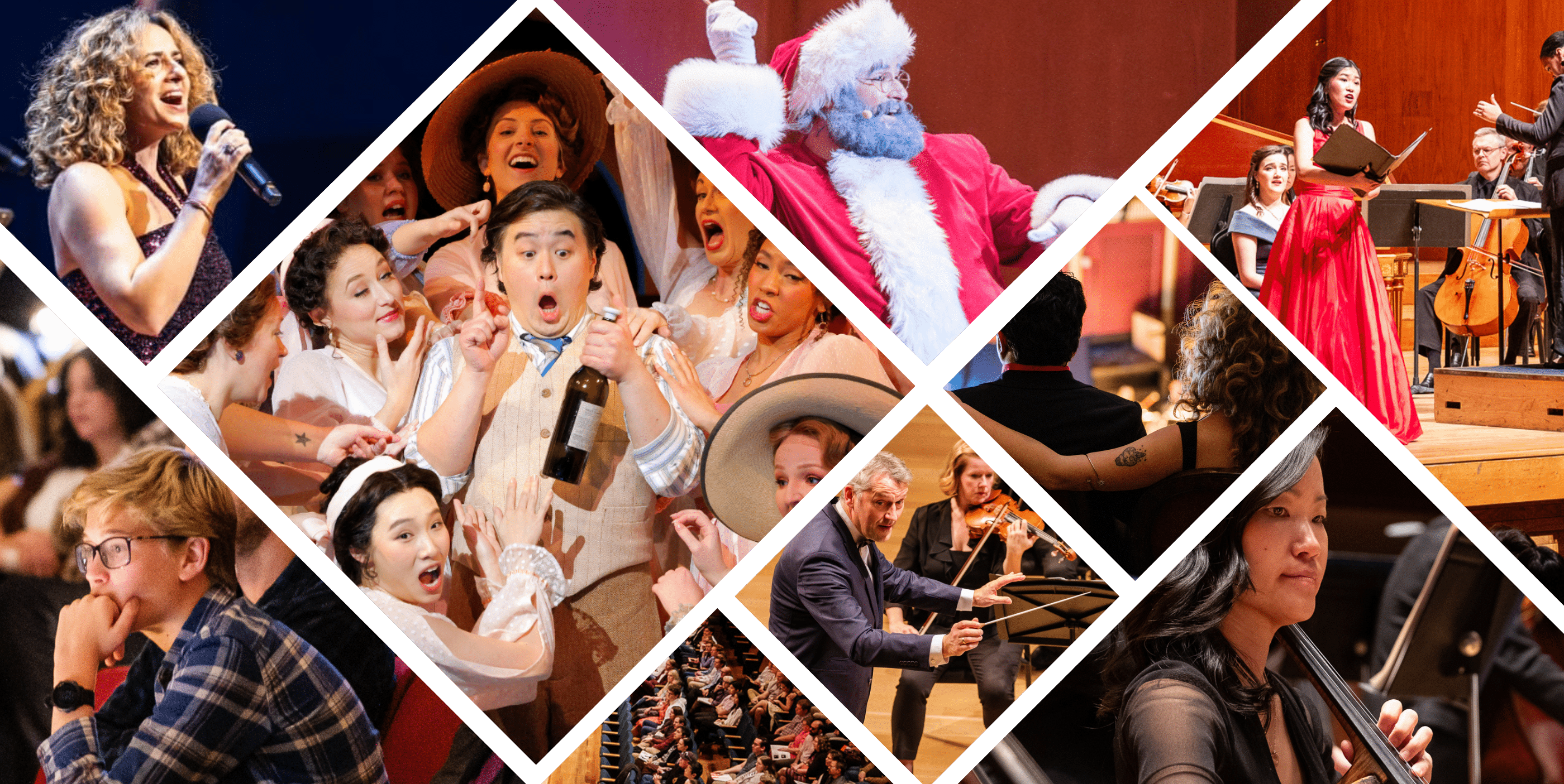 A collage of vibrant performance scenes, including singers, orchestra musicians, a choir celebrating, a person dressed as Santa, and an audience member watching attentively, all framed in overlapping diamond shapes.