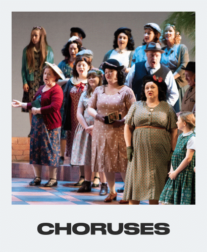 A group of people dressed in vintage clothing sing together on stage, with some holding props. The word CHORUSES appears in bold below the image.