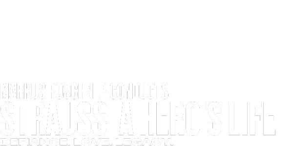 White text on a gray background reads: “Markus Poschner conducts Strauss’ A Hero’s Life. Defiance. Love. Legacy.” The text is bold and occupies the lower portion of the image.