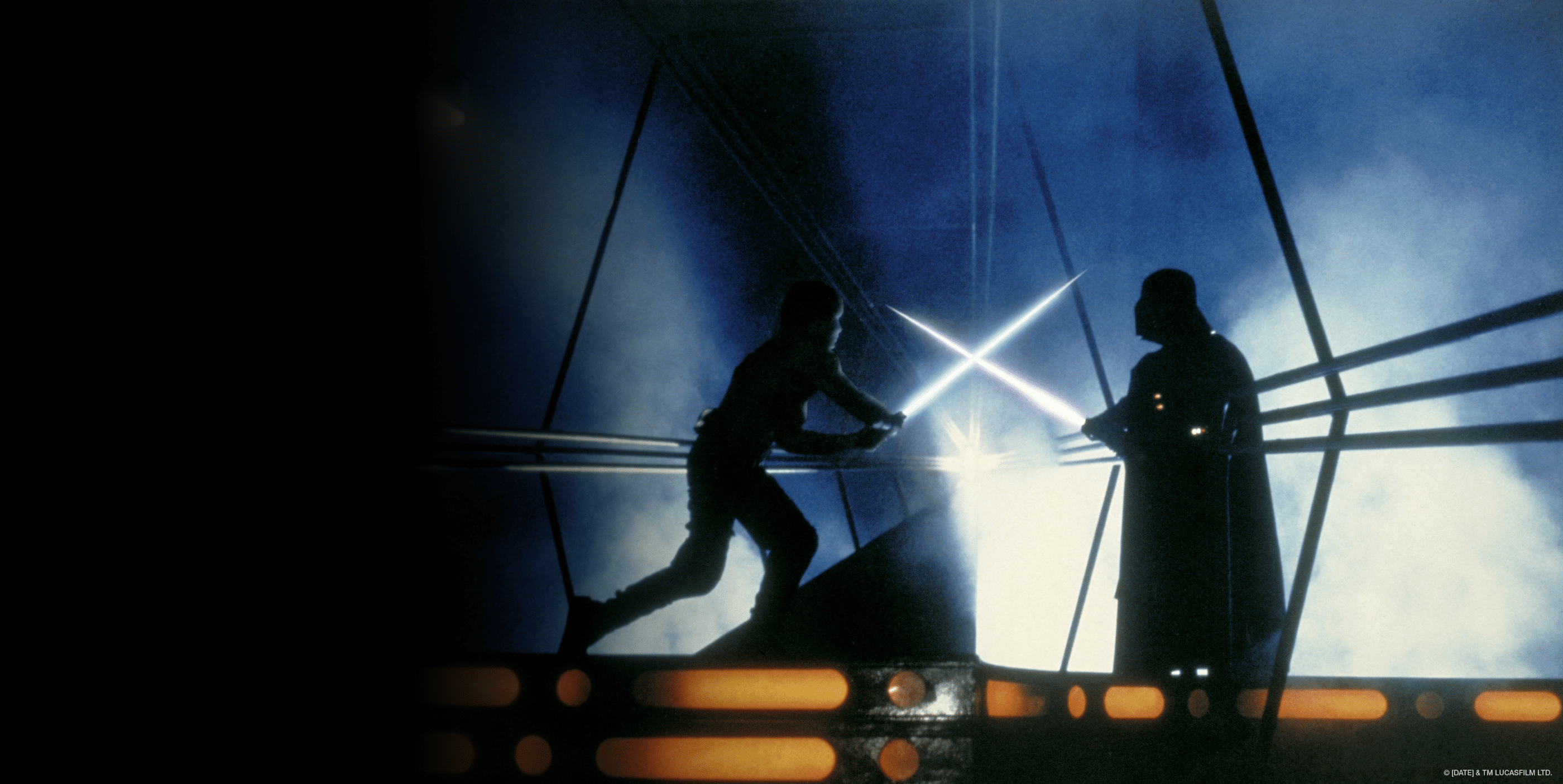 Two figures holding lightsabers face off on a futuristic platform surrounded by mist and dramatic blue lighting, suggesting an intense duel in a science fiction setting.