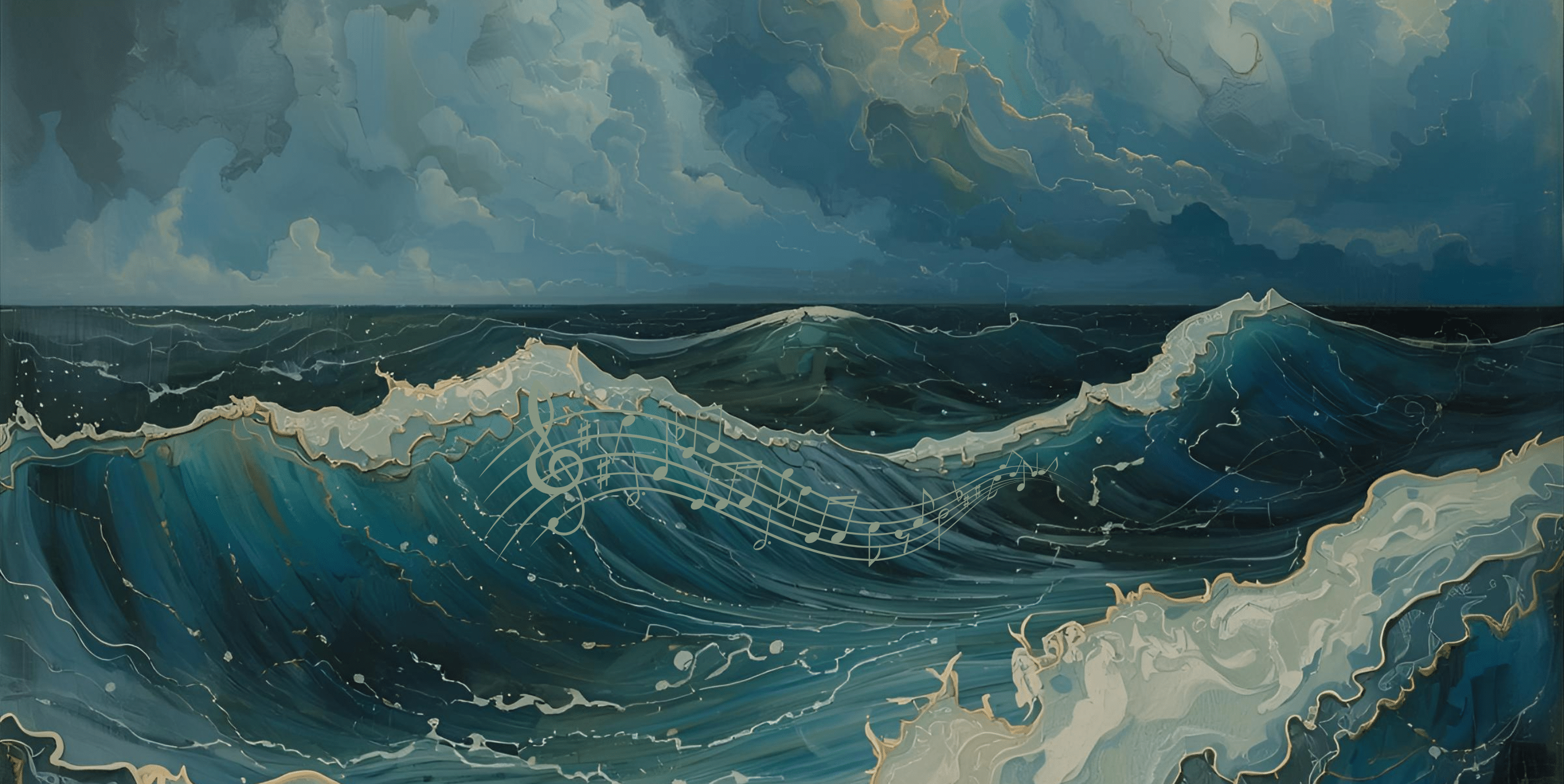 A dramatic painting of ocean waves under a cloudy sky, with a musical staff and notes seamlessly blended into the swirling blue and teal waves.