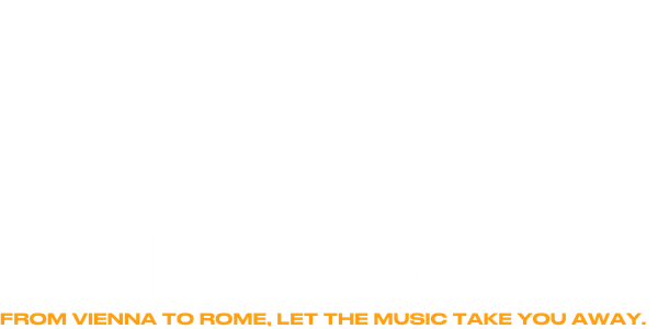 White background with large, bold white text reading “THE PINES OF ROME.” Above, smaller faint text says “RESPIGHI’S.” At the bottom, orange text reads: “FROM VIENNA TO ROME, LET THE MUSIC TAKE YOU AWAY.”.
