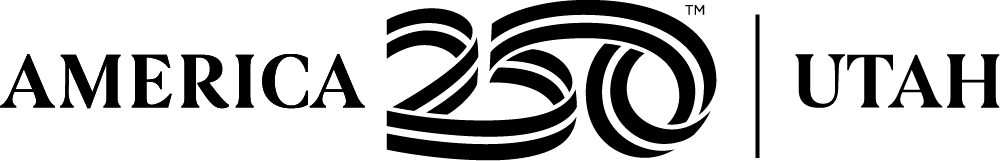 Black text logo reading AMERICA 250 UTAH with a bold, stylized 250 featuring curved lines in the center. The words “AMERICA” and “UTAH” are separated by a vertical line.