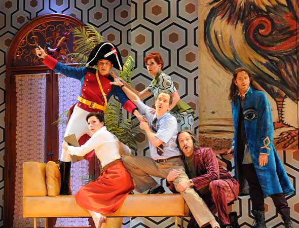 Opera Philadelphia's production of The Barber of Seville. Hijinks at the end of Act I featuring, clockwise from top left, Almaviva (Taylor Stayton), Berta (Katrina Thurman), Figaro (Jonathan Beyer), Don Basilio (Wayne Tigges), Dr. Bartolo (Kevin Burdette), and Rosina (Jennifer Holloway). Photos by Kelly & Massa.