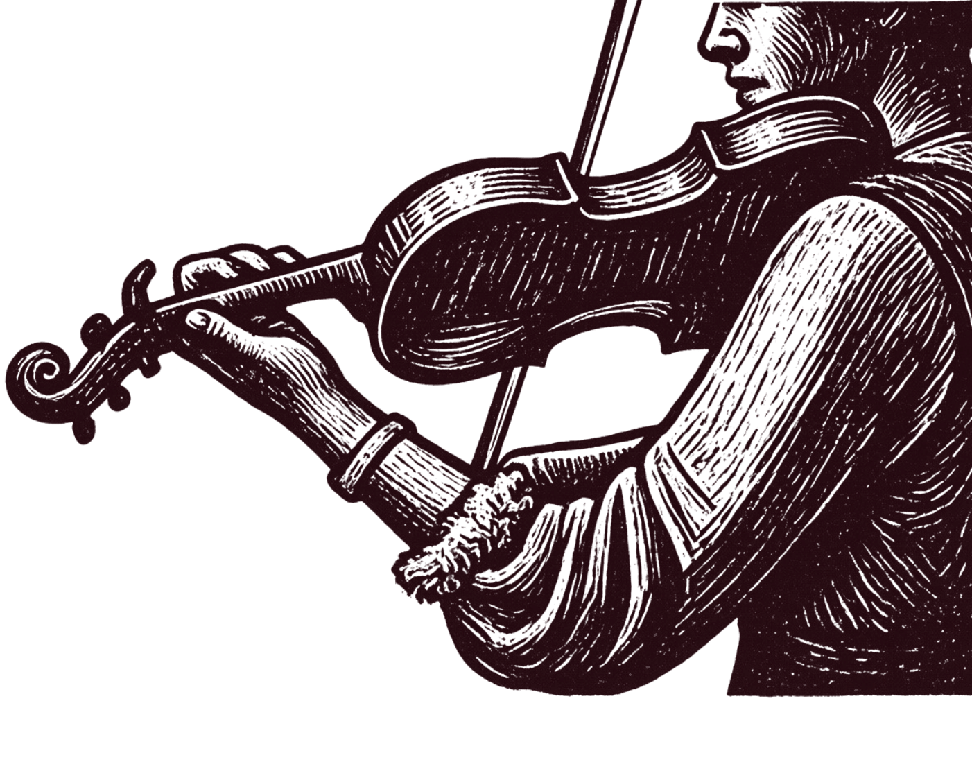 Woodcut-style illustration of a person playing a violin. The image shows the person’s torso, left hand on the fingerboard, and bow held in the right hand, with detailed linework emphasizing texture.