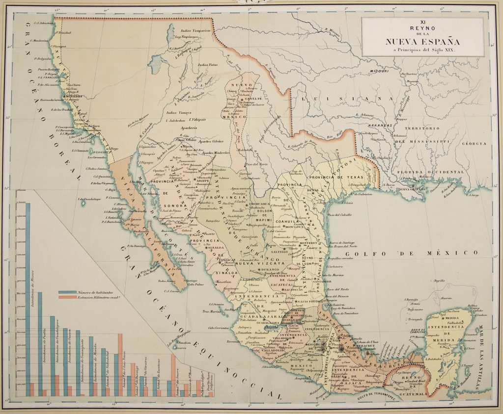 A color map of the Viceroyalty of New Spain in the early 1800s.