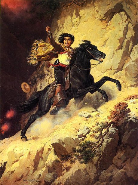 An oil painting of a man with long black hair riding a black horse up a steep, rocky mountainside. The man wears a white shirt, dark trousers, tall brown boots, and a gold-and-back patterned cape. He holds up a knife in his right hand.