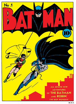 An illustrated comic book cover which reads, "Batman. 10 cents. All brand new advantures of the Batman and Robin, the boy wonder." Against a yellow background, Robin and Batman are shown gripping ropes as they swing over red city rooftop silhouettes.