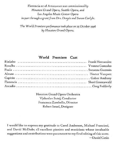 Florencia en el Amazonas score, title page