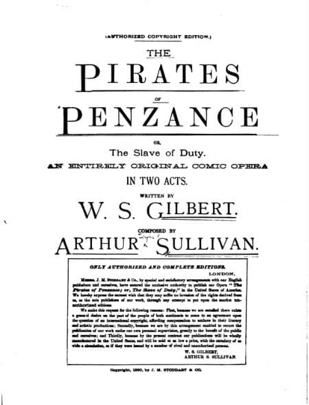 Figure 1 - The Pirates of Penzance cover page, 1880