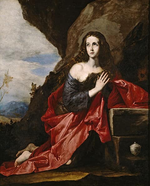 Oil painting of a woman depicted with a penitent expression, wearing a red robe and clasping her hands.