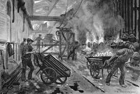 Several men work in a large building pulling carts and stoking fires. Ink illustration.